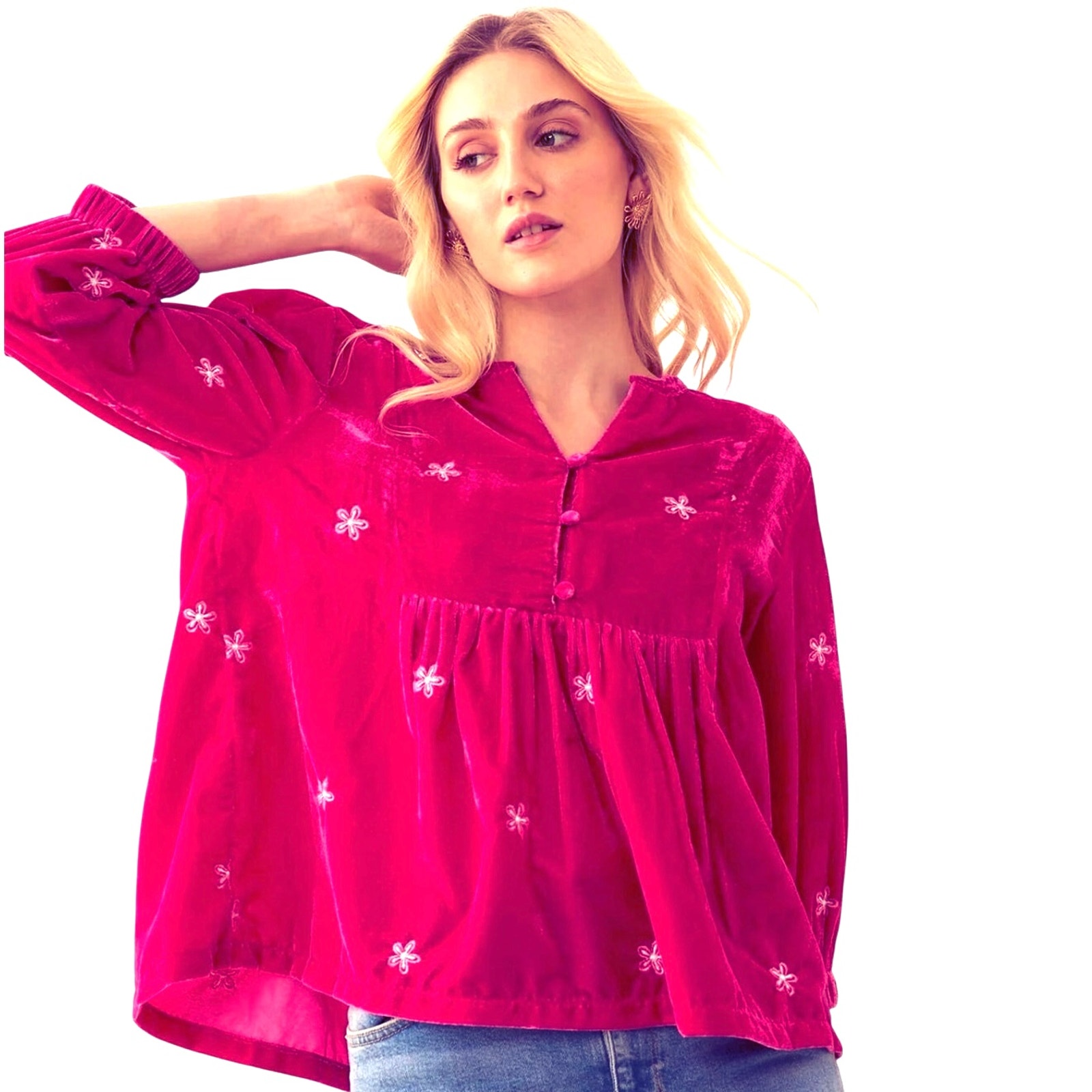 Nwt Boutique Boho Embroidered Pink Velvet Kristi Nell Peplum Top